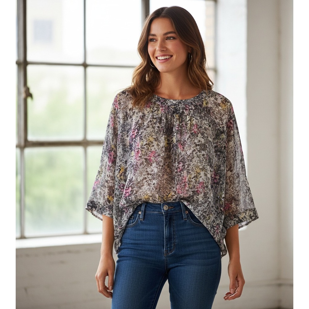Forever 21 Abstract Floral Boxy Sheer Top Women's L Gray Fairycore Cottagecore‎